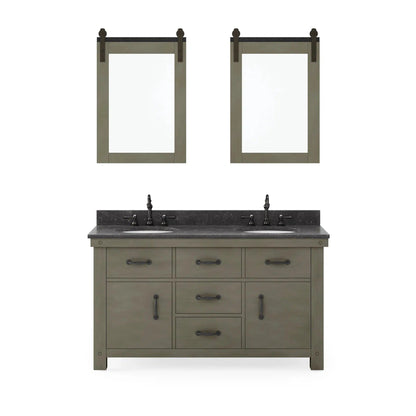 Water Creation Aberdeen 60" Double Sink Blue Limestone Countertop Vanity in Grizzle Gray with Hook Faucets and 24" Farmhouse Mirror