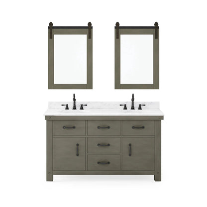 Water Creation Aberdeen 60" Double Sink Carrara White Marble Countertop Vanity in Grizzle Gray with 24" Farmhouse Mirror