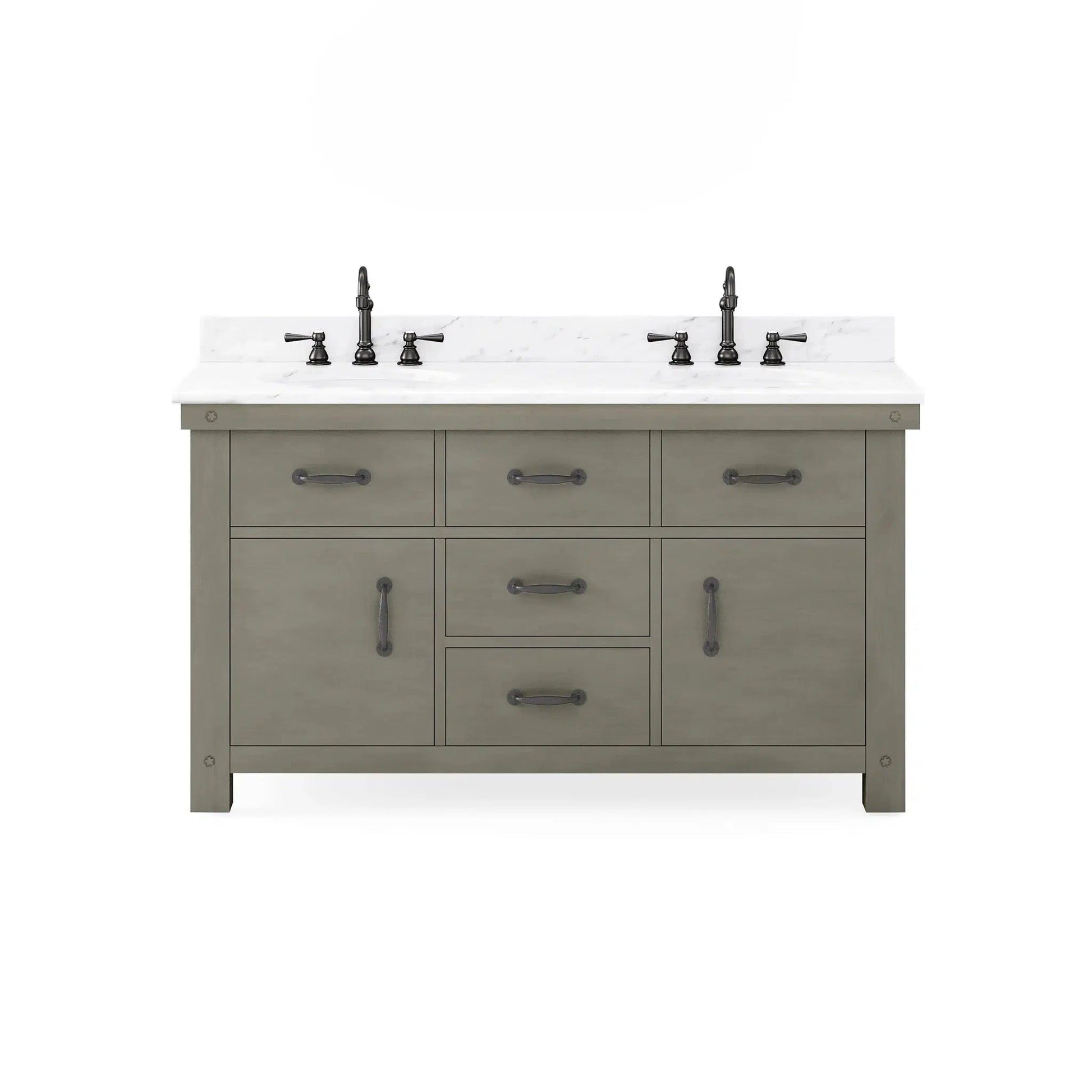 Water Creation Aberdeen 60" Double Sink Carrara White Marble Countertop Vanity in Grizzle Gray with 24" Farmhouse Mirror