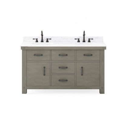 Water Creation Aberdeen 60" Double Sink Carrara White Marble Countertop Vanity in Grizzle Gray with 24" Farmhouse Mirror