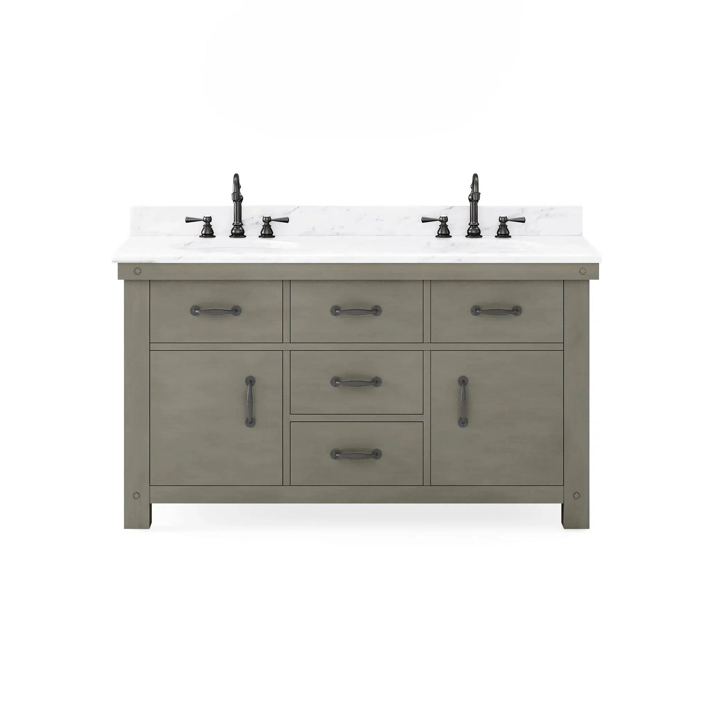 Water Creation Aberdeen 60" Double Sink Carrara White Marble Countertop Vanity in Grizzle Gray with Hook Faucets and 24" Farmhouse Mirror