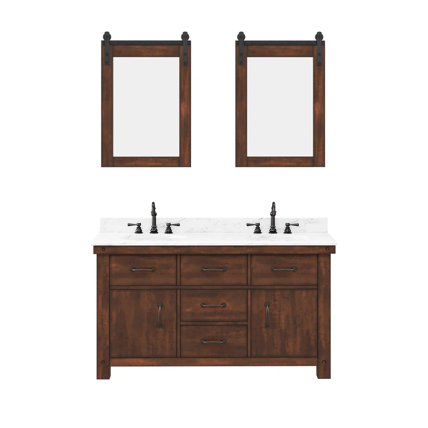 Water Creation Aberdeen 60" Double Sink Carrara White Marble Countertop Vanity in Rustic Sierra with 24" Farmhouse Mirror