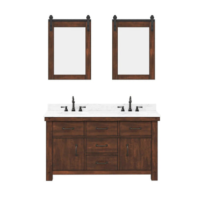 Water Creation Aberdeen 60" Double Sink Carrara White Marble Countertop Vanity in Rustic Sierra with 24" Farmhouse Mirror