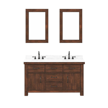 Water Creation Aberdeen 60" Double Sink Carrara White Marble Countertop Vanity in Rustic Sierra with 24" Rectangular Mirror