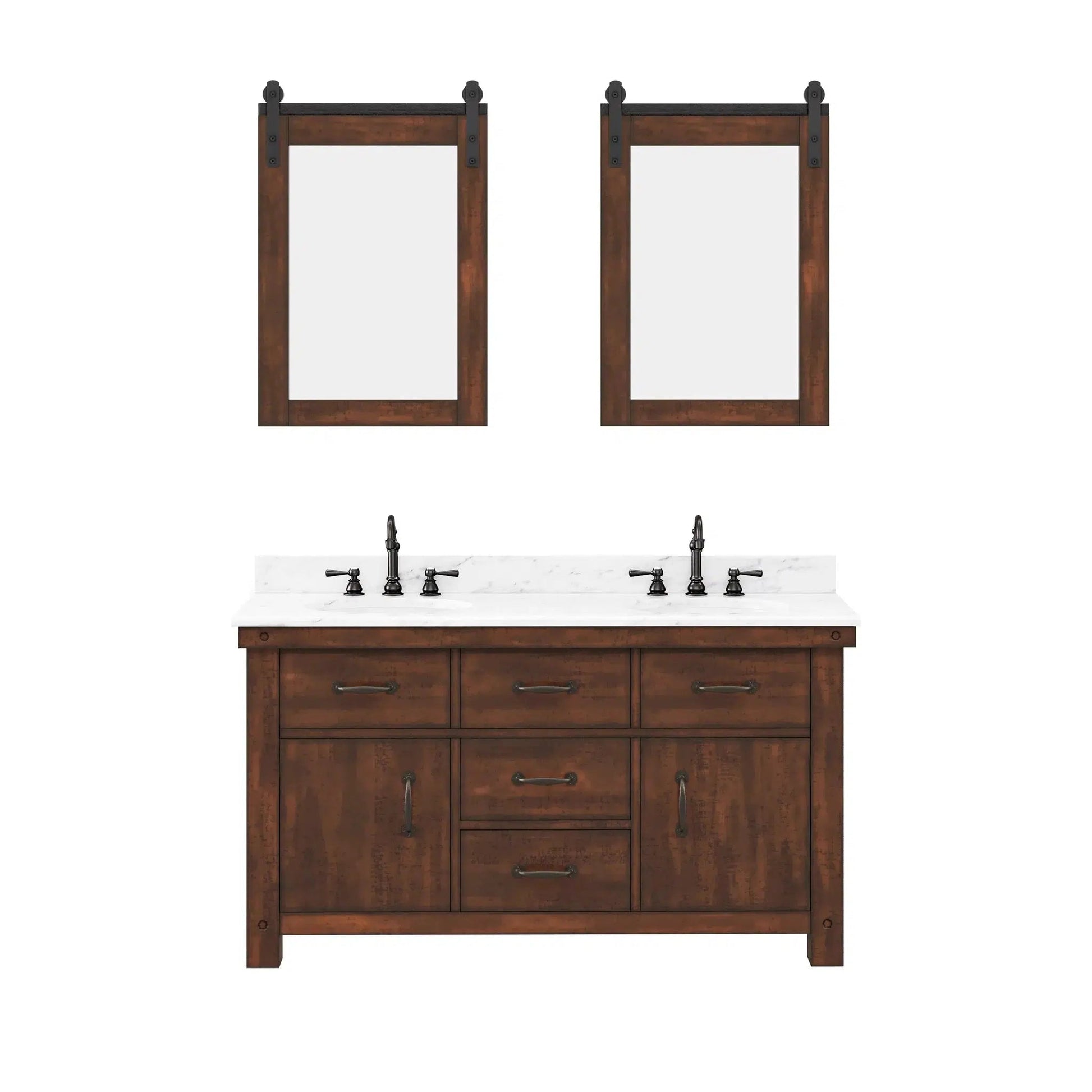 Water Creation Aberdeen 60" Double Sink Carrara White Marble Countertop Vanity in Rustic Sierra with Hook Faucets and 24" Farmhouse Mirror