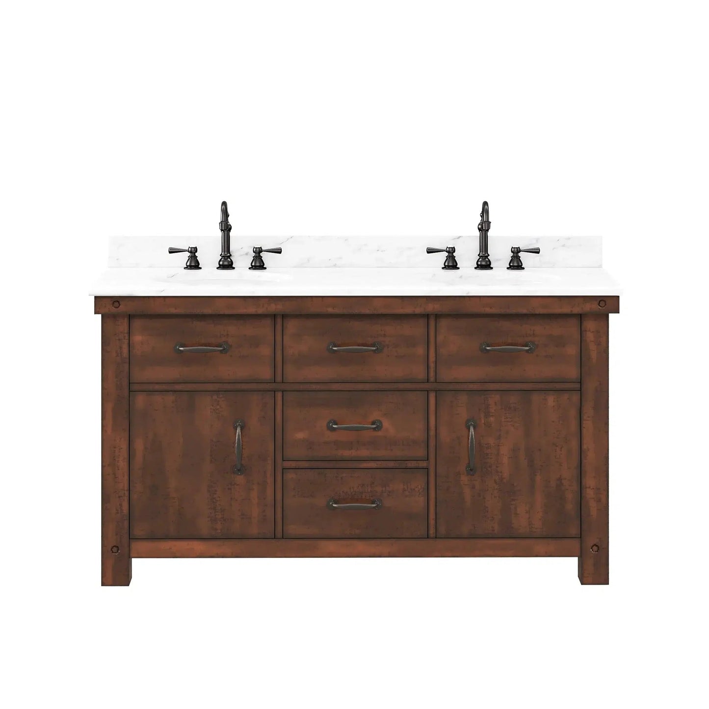Water Creation Aberdeen 60" Double Sink Carrara White Marble Countertop Vanity in Rustic Sierra with Hook Faucets and 24" Rectangular Mirrors
