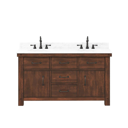 Water Creation Aberdeen 60" Double Sink Carrara White Marble Countertop Vanity in Rustic Sierra with Hook Faucets and 24" Rectangular Mirrors