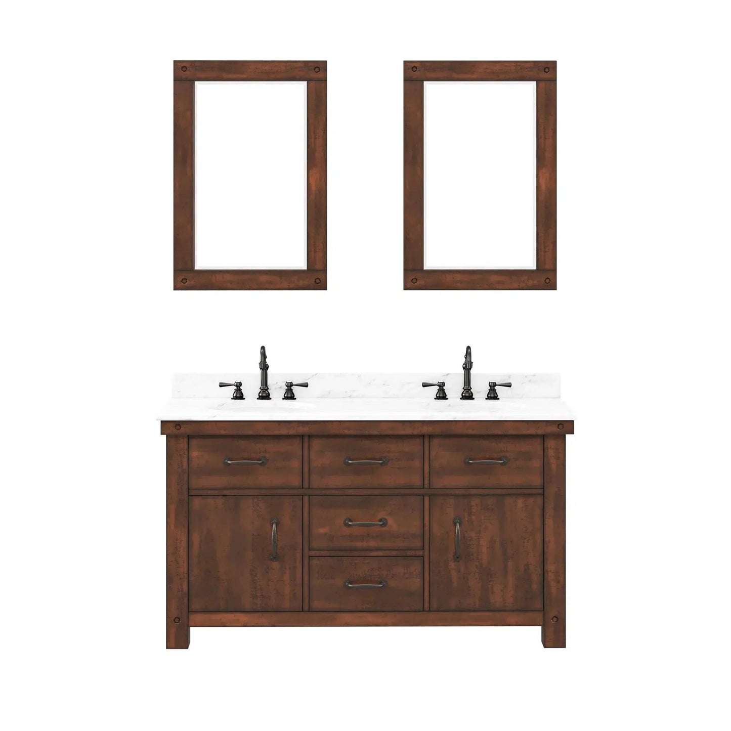 Water Creation Aberdeen 60" Double Sink Carrara White Marble Countertop Vanity in Rustic Sierra with Hook Faucets and 24" Rectangular Mirrors