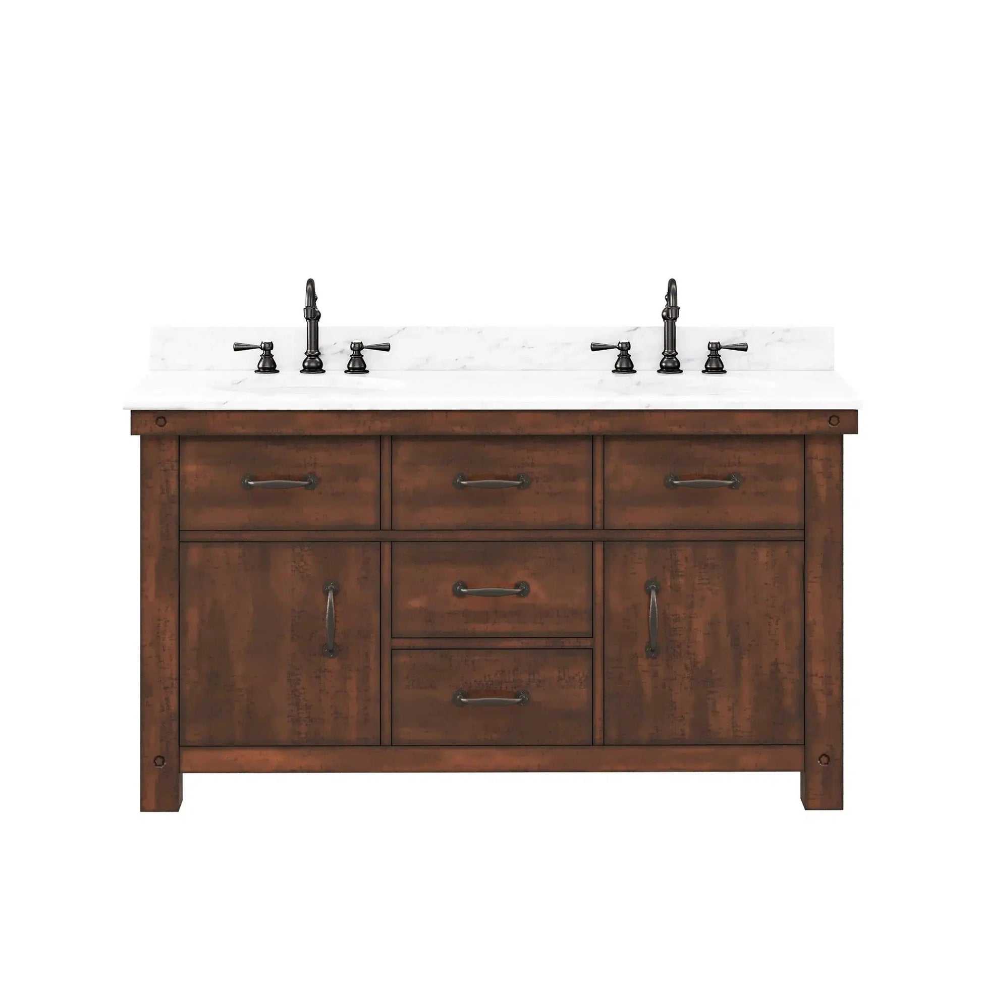 Water Creation Aberdeen 60" Double Sink Carrara White Marble Countertop Vanity in Rustic Sierra with Hook Faucets