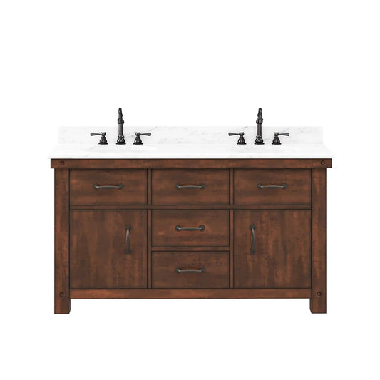 Water Creation Aberdeen 60" Double Sink Carrara White Marble Countertop Vanity in Rustic Sierra