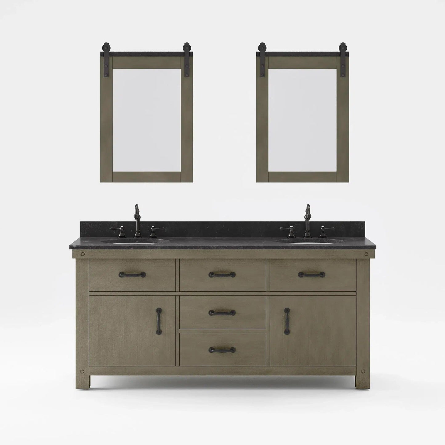 Water Creation Aberdeen 72" Double Sink Blue Limestone Countertop Vanity in Grizzle Gray with 24" Farmhouse Mirror