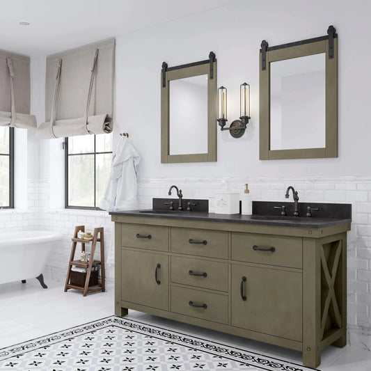 Water Creation Aberdeen 72" Double Sink Blue Limestone Countertop Vanity in Grizzle Gray with 24" Farmhouse Mirror