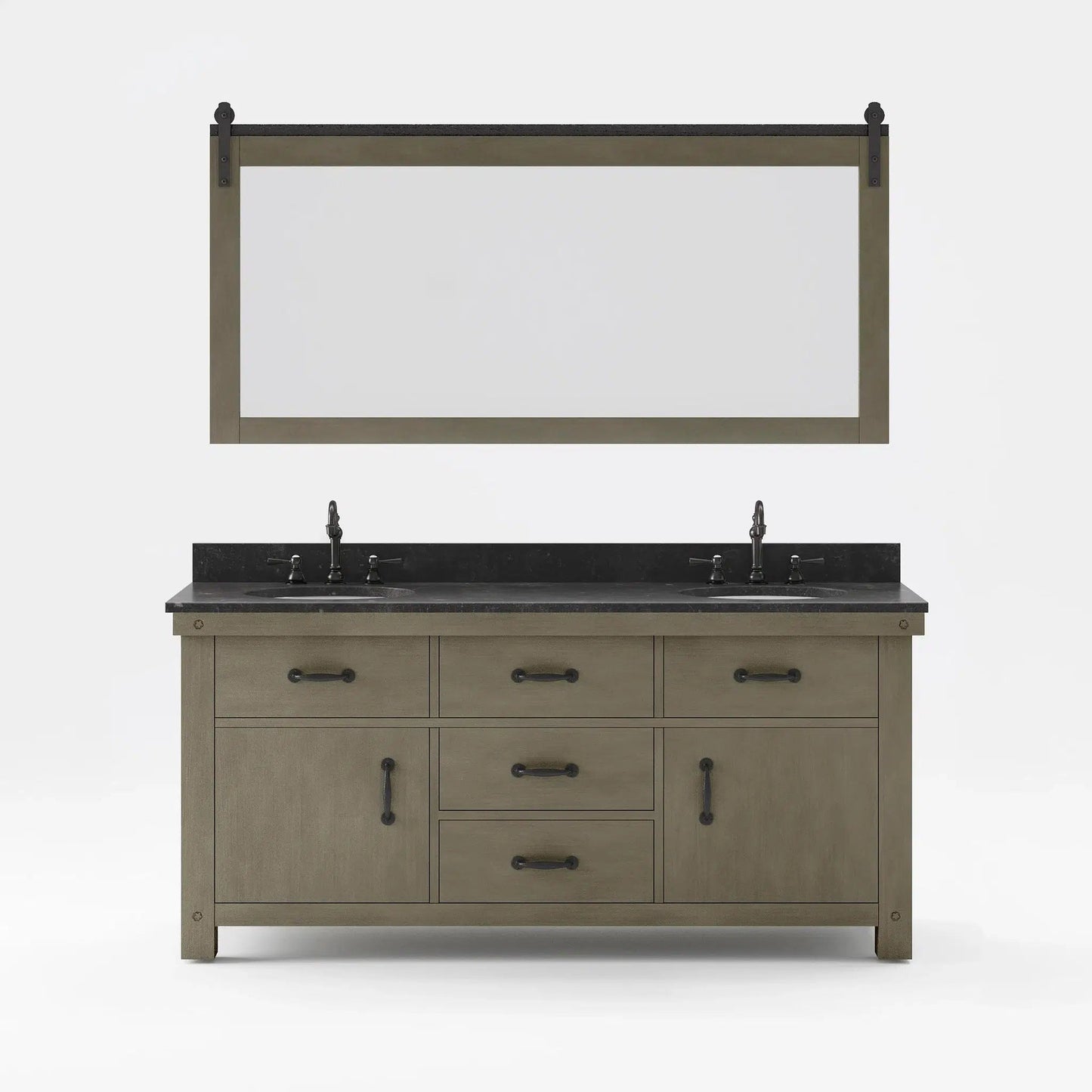 Water Creation Aberdeen 72" Double Sink Blue Limestone Countertop Vanity in Grizzle Gray with 72" Farmhouse Mirror