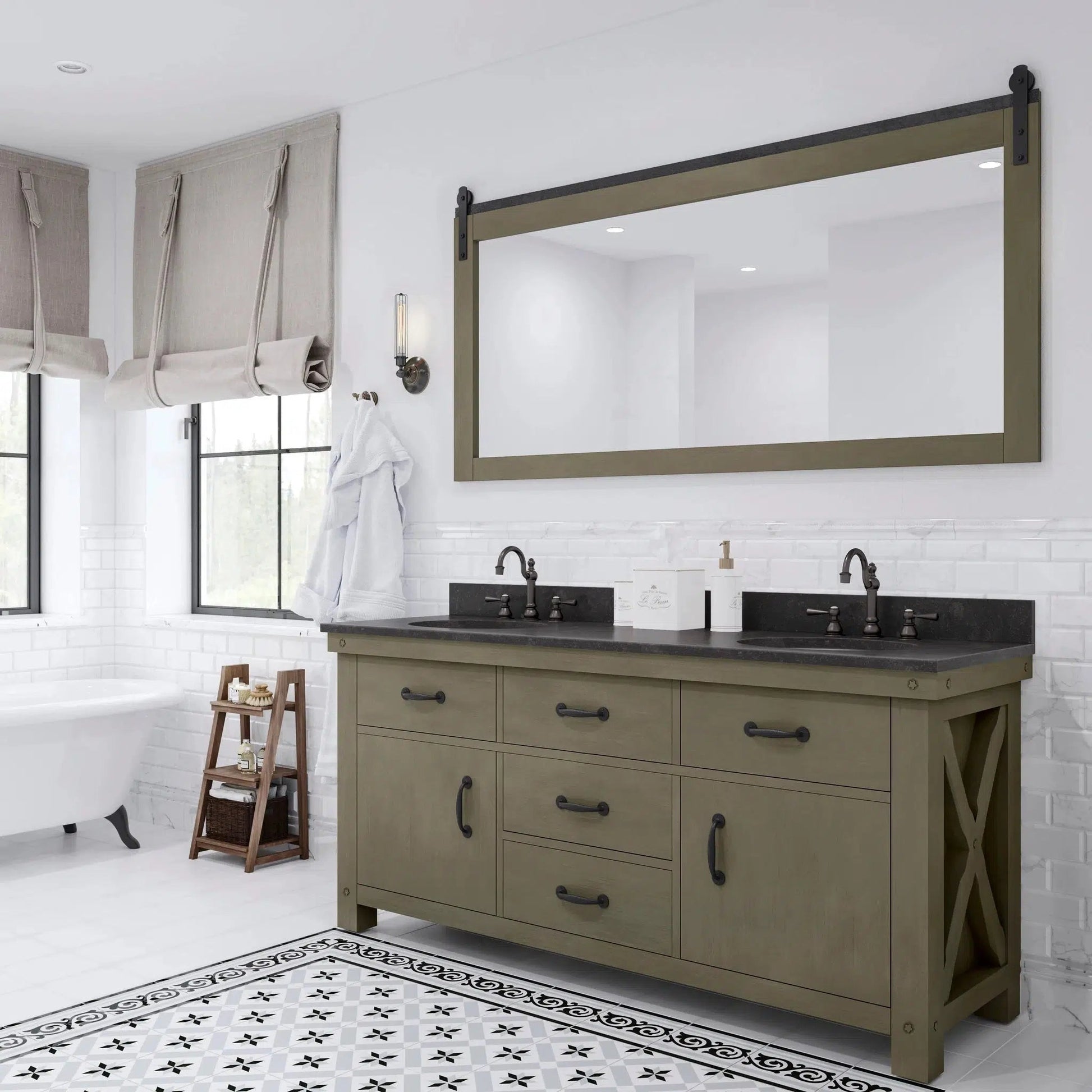 Water Creation Aberdeen 72" Double Sink Blue Limestone Countertop Vanity in Grizzle Gray with 72" Farmhouse Mirror