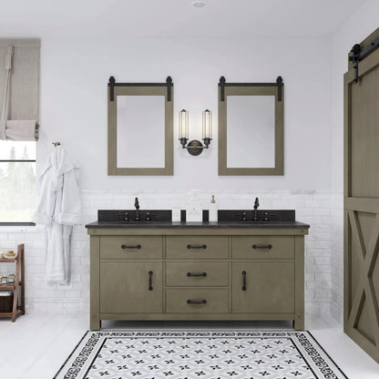 Water Creation Aberdeen 72" Double Sink Blue Limestone Countertop Vanity in Grizzle Gray with Hook Faucet and 24" Farmhouse Mirror