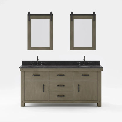 Water Creation Aberdeen 72" Double Sink Blue Limestone Countertop Vanity in Grizzle Gray with Hook Faucet and 24" Farmhouse Mirror