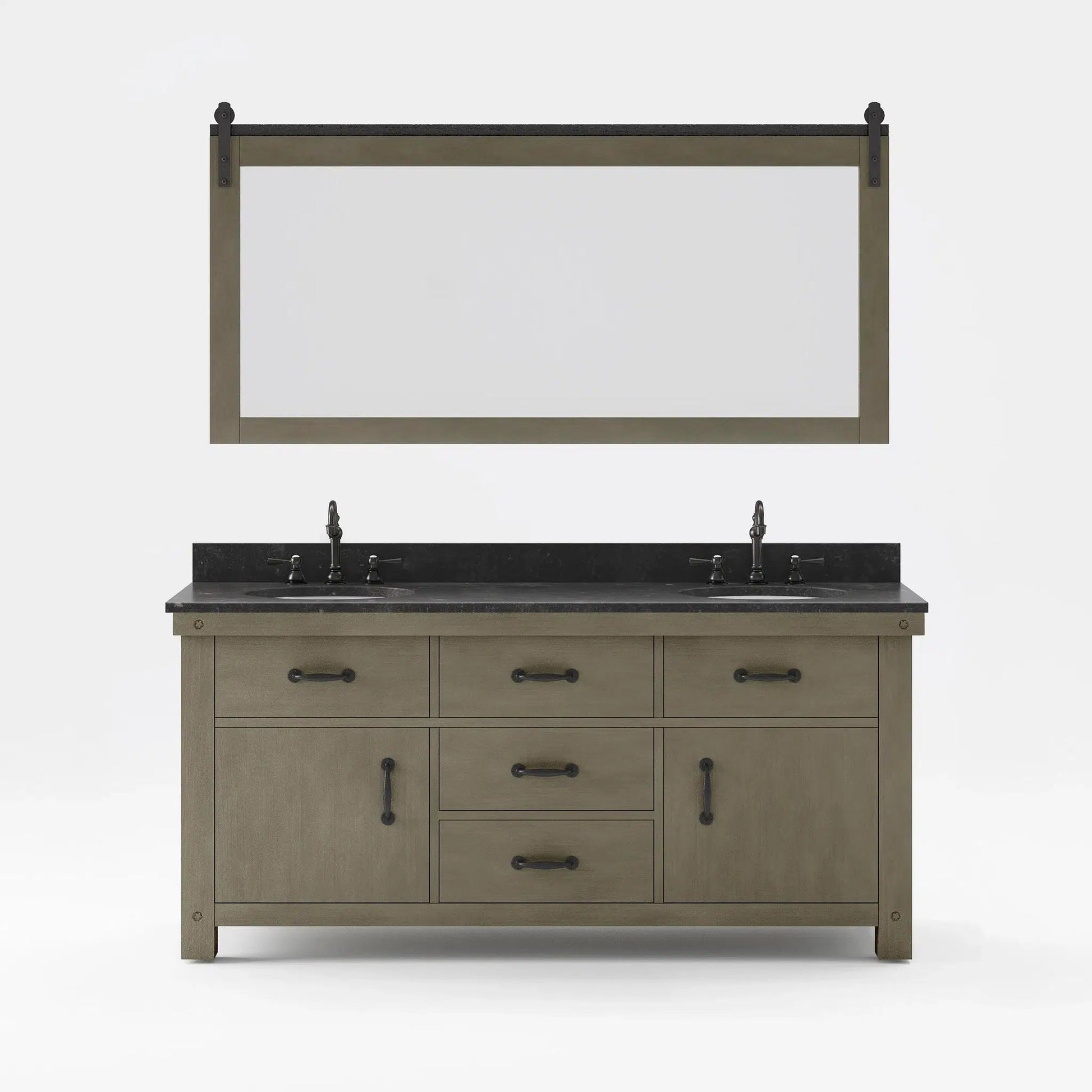 Water Creation Aberdeen 72" Double Sink Blue Limestone Countertop Vanity in Grizzle Gray with Hook Faucet and 72" Farmhouse Mirror