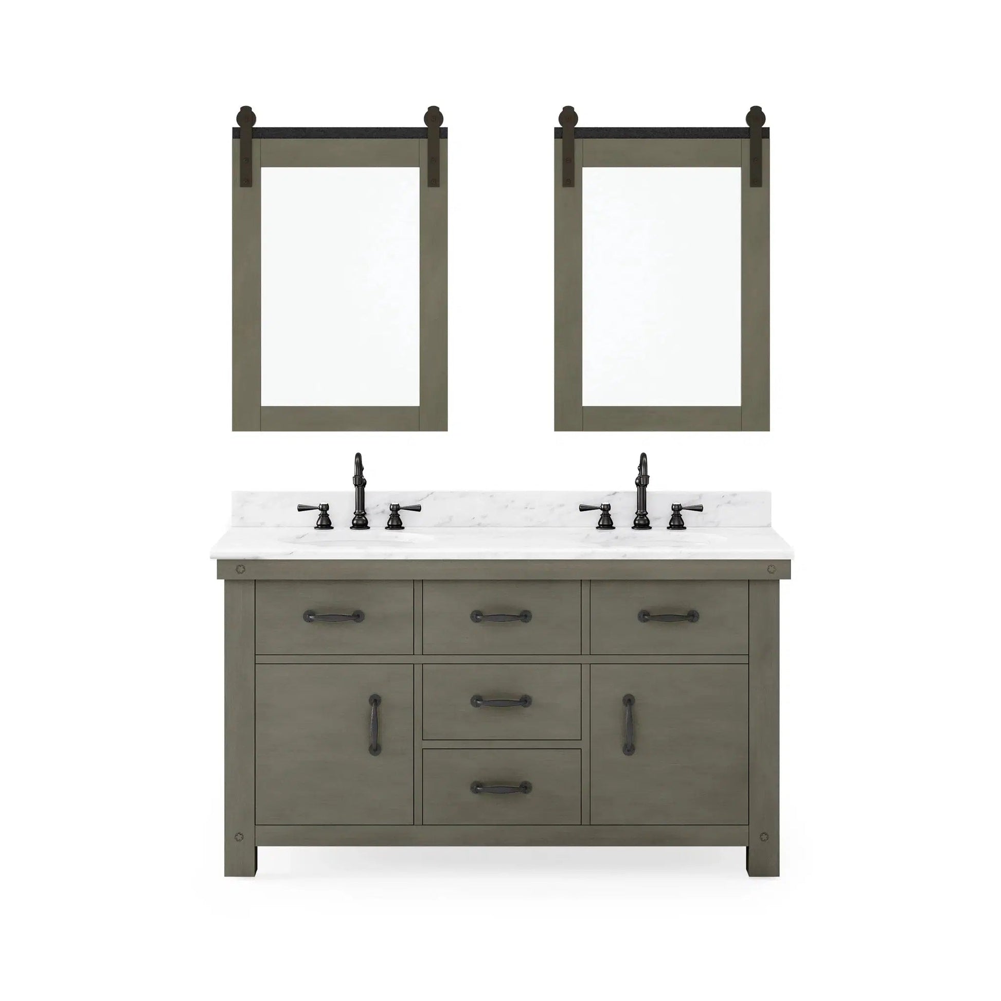 Water Creation Aberdeen 72" Double Sink Carrara White Marble Countertop Vanity in Grizzle Gray with 24" Farmhouse Mirror