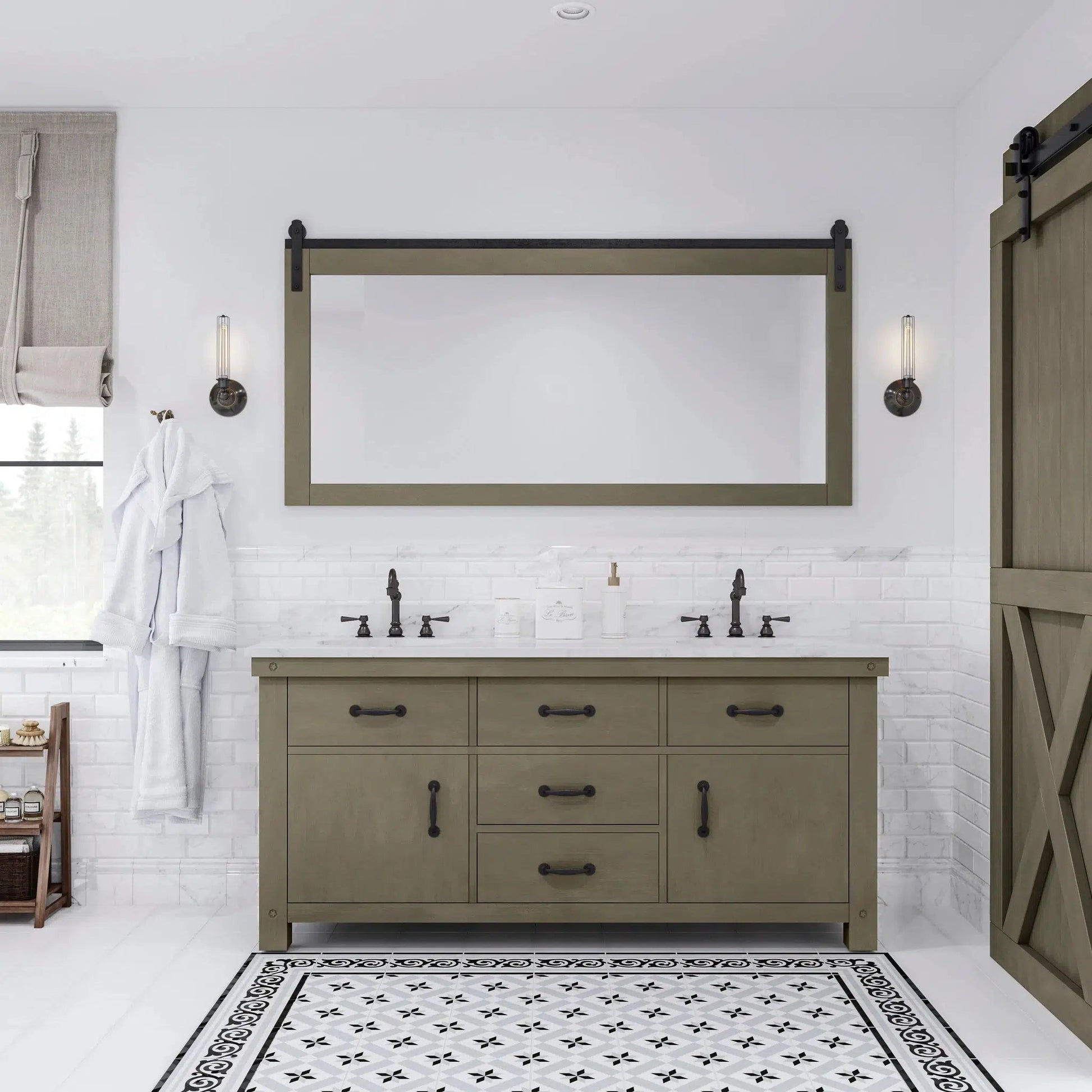 Water Creation Aberdeen 72" Double Sink Carrara White Marble Countertop Vanity in Grizzle Gray with 72" Farmhouse Mirror