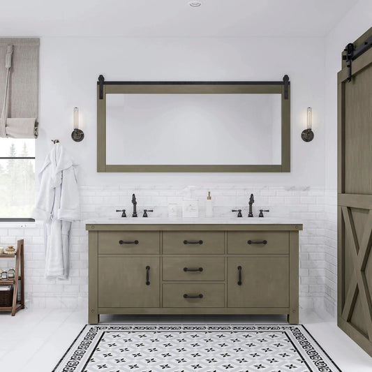Water Creation Aberdeen 72" Double Sink Carrara White Marble Countertop Vanity in Grizzle Gray with 72" Farmhouse Mirror