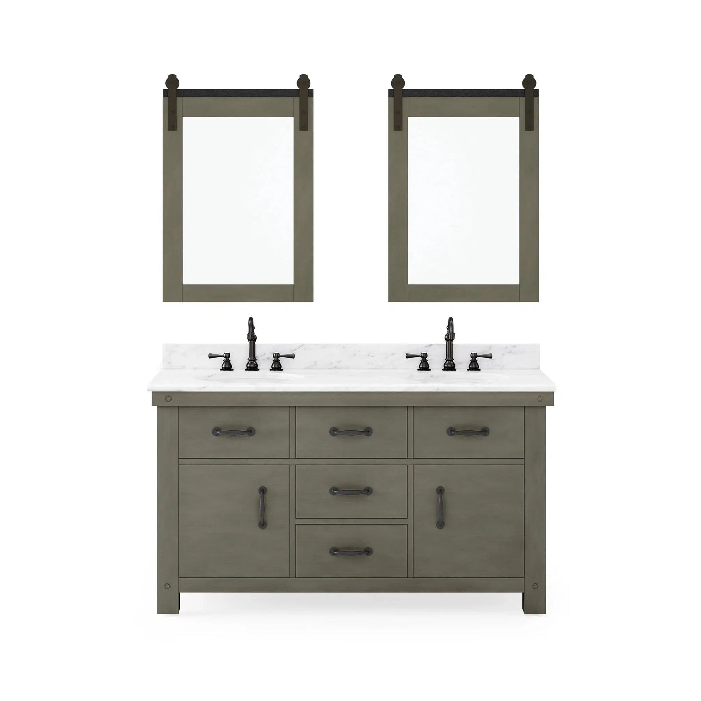 Water Creation Aberdeen 72" Double Sink Carrara White Marble Countertop Vanity in Grizzle Gray with Hook Faucets and 24" Farmhouse Mirror