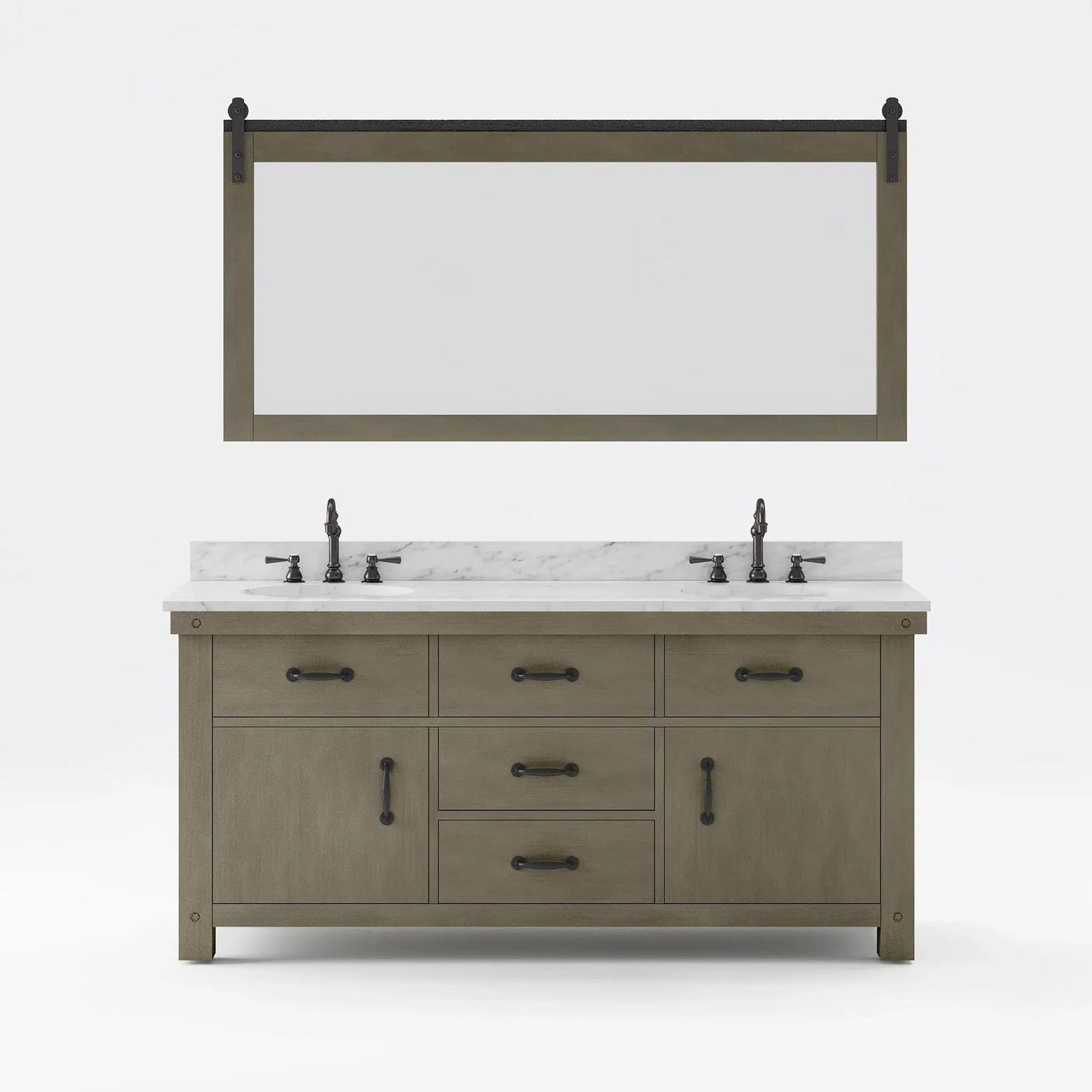Water Creation Aberdeen 72" Double Sink Carrara White Marble Countertop Vanity in Grizzle Gray with Hook Faucets and 72" Farmhouse Mirror