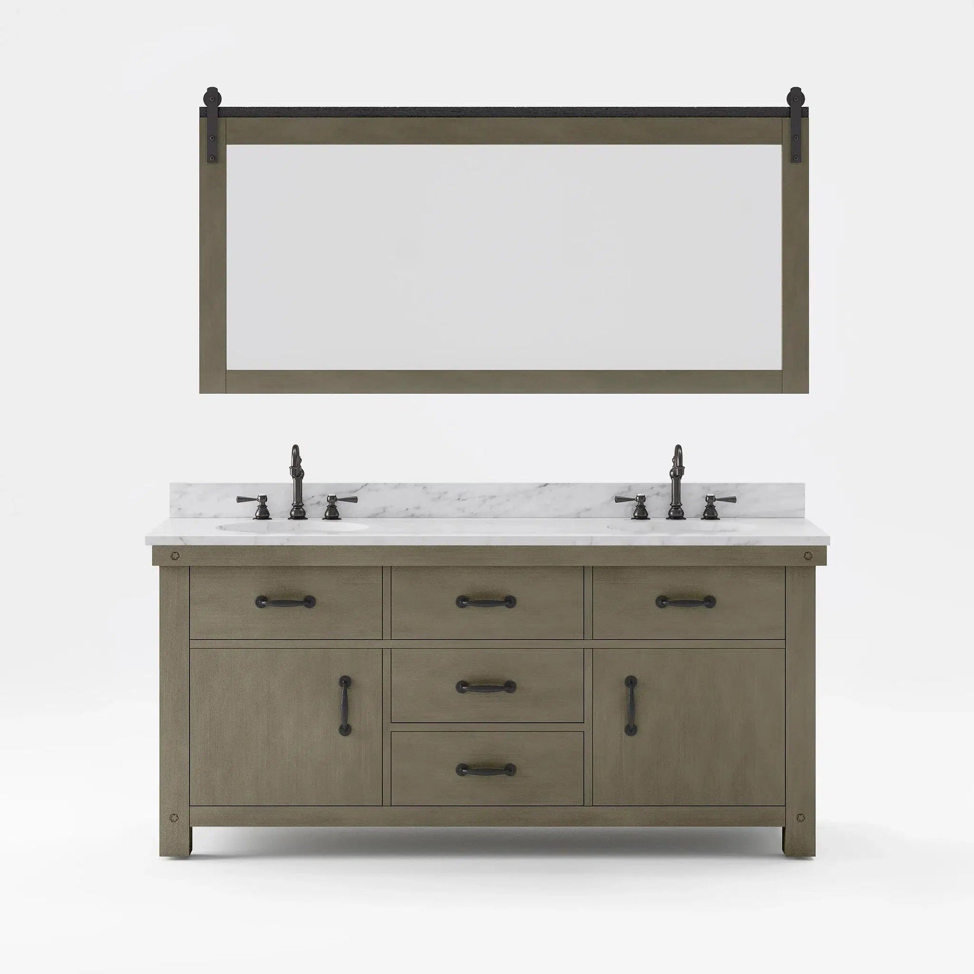 Water Creation Aberdeen 72" Double Sink Carrara White Marble Countertop Vanity in Grizzle Gray with Hook Faucets and 72" Farmhouse Mirror