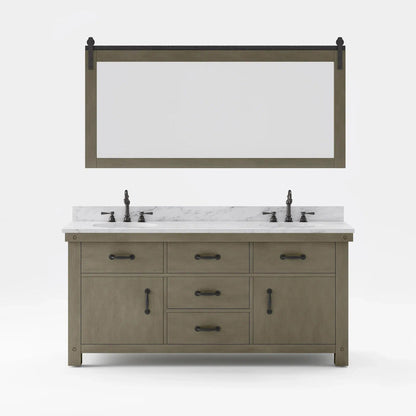 Water Creation Aberdeen 72" Double Sink Carrara White Marble Countertop Vanity in Grizzle Gray with Hook Faucets and 72" Farmhouse Mirror