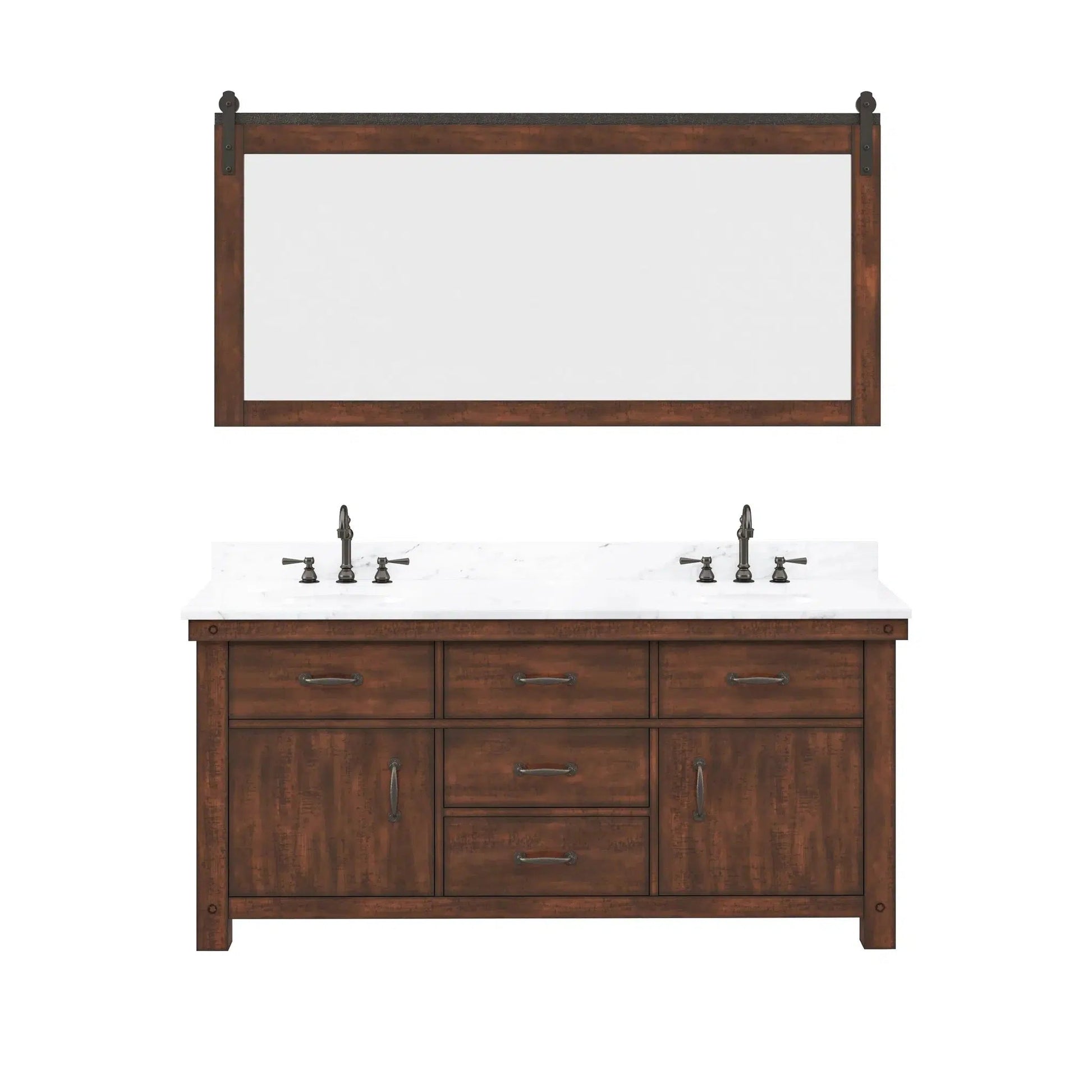 Water Creation Aberdeen 72" Double Sink Carrara White Marble Countertop Vanity in Rustic Sierra with 72" Farmhouse Mirror