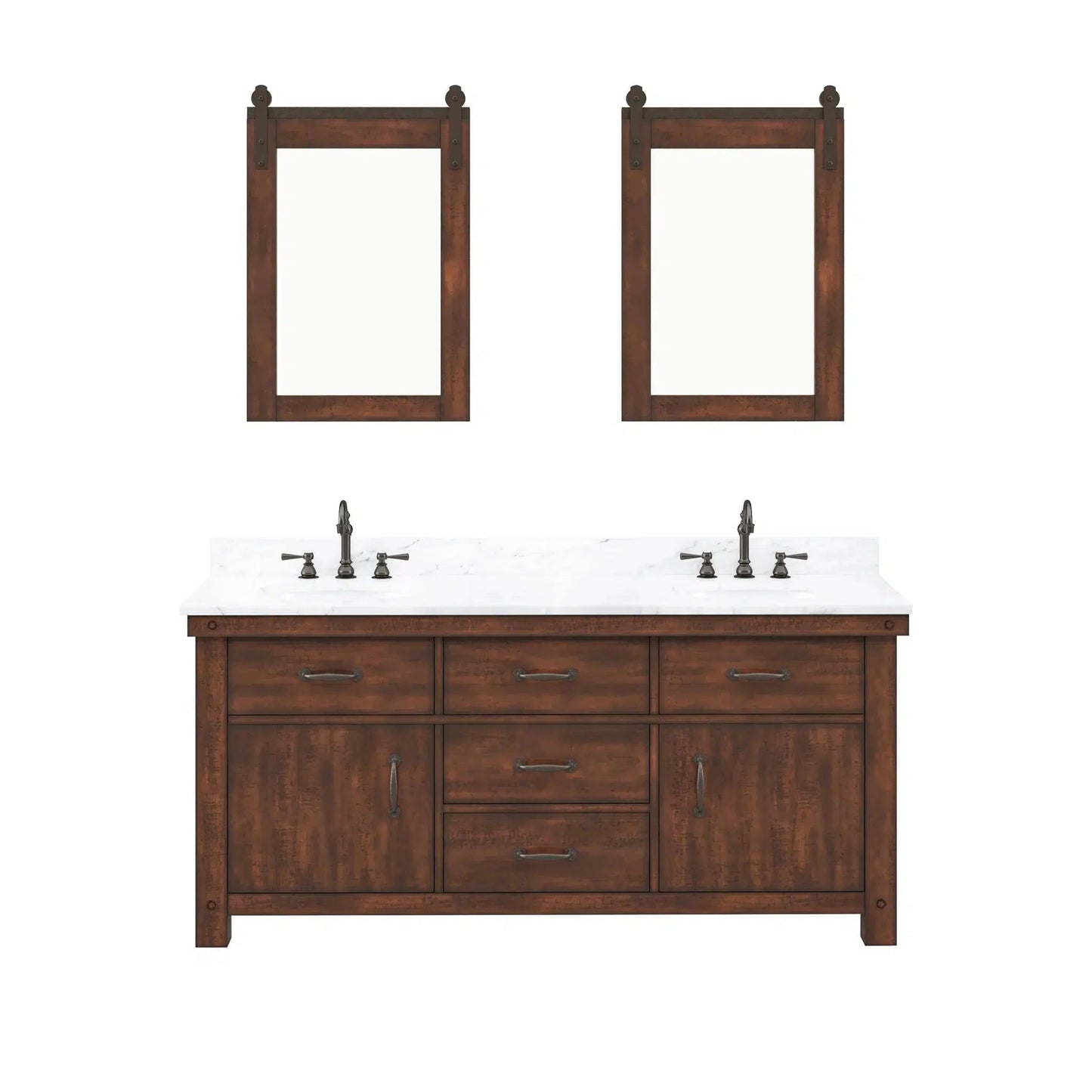 Water Creation Aberdeen 72" Double Sink Carrara White Marble Countertop Vanity in Rustic Sierra with Hook Faucets and 24" Farmhouse Mirror