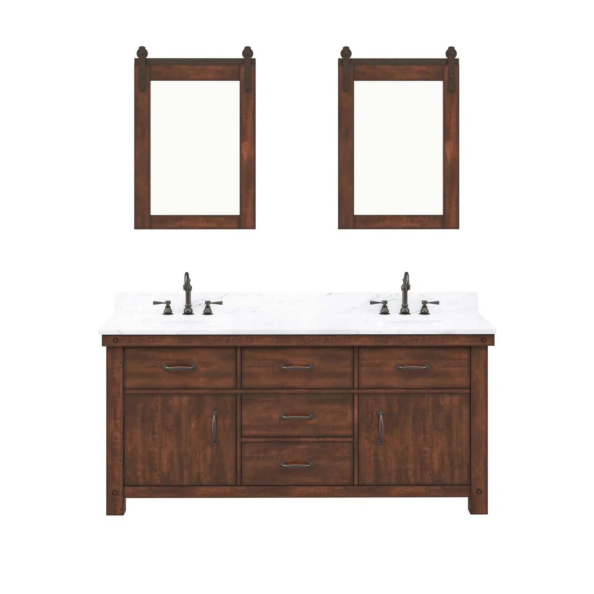 Water Creation Aberdeen 72" Double Sink Carrara White Marble Countertop Vanity in Rustic Sierra with Hook Faucets and 24" Farmhouse Mirror