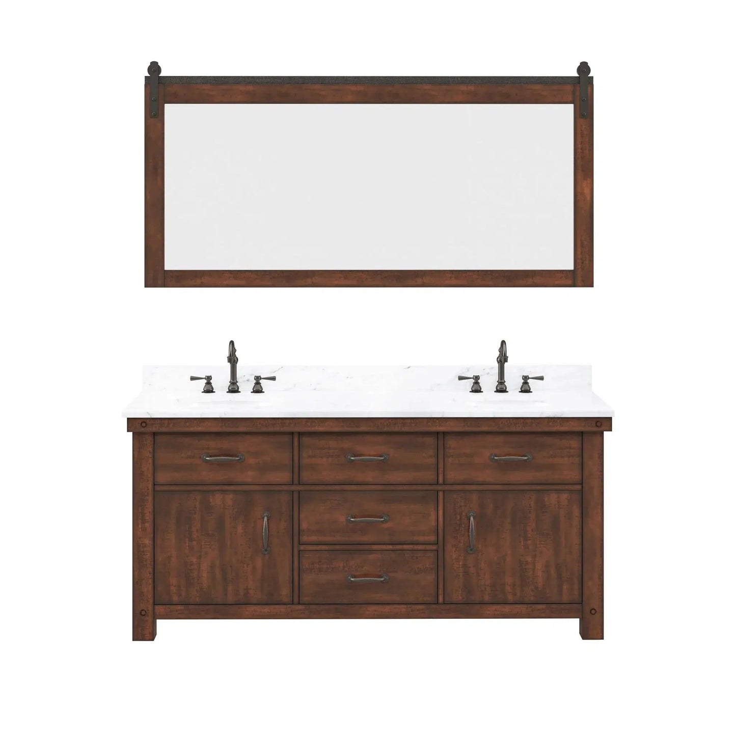 Water Creation Aberdeen 72" Double Sink Carrara White Marble Countertop Vanity in Rustic Sierra with Hook Faucets and 72" Farmhouse Mirror