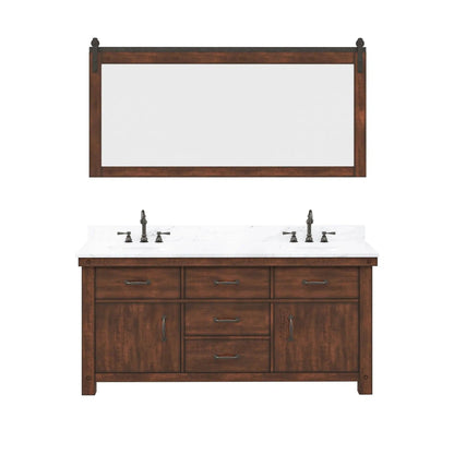 Water Creation Aberdeen 72" Double Sink Carrara White Marble Countertop Vanity in Rustic Sierra with Hook Faucets and 72" Farmhouse Mirror