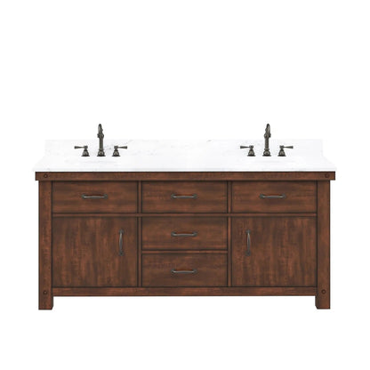 Water Creation Aberdeen 72" Double Sink Carrara White Marble Countertop Vanity in Rustic Sierra with Hook Faucets and 72" Farmhouse Mirror