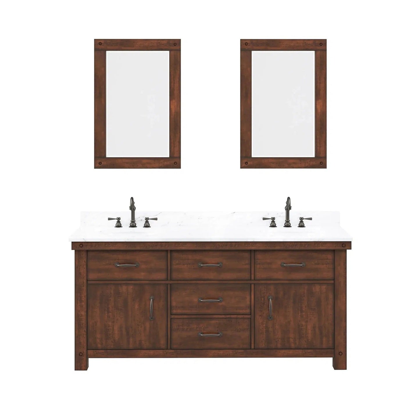 Water Creation Aberdeen 72" Double Sink Carrara White Marble Countertop Vanity in Rustic Sierra with Hook Faucets and Mirrors