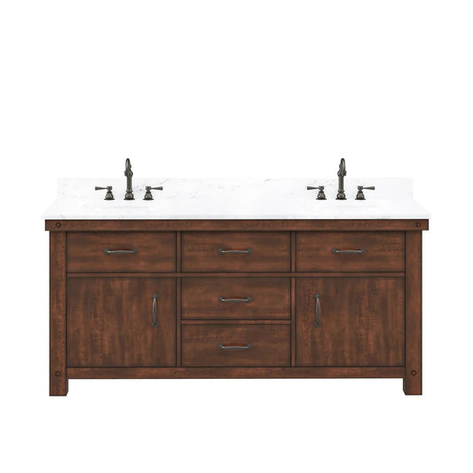 Water Creation Aberdeen 72" Double Sink Carrara White Marble Countertop Vanity in Rustic Sierra