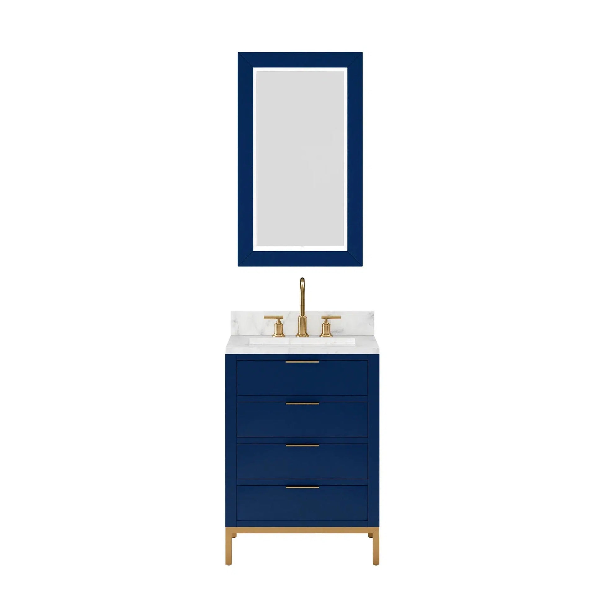 Water Creation Bristol 24" Single Sink Carrara White Marble Countertop Bath Vanity in Monarch Blue with Rectangular Mirror (S)