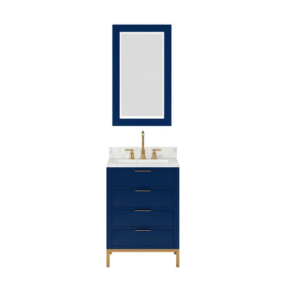 Water Creation Bristol 24" Single Sink Carrara White Marble Countertop Bath Vanity in Monarch Blue with Rectangular Mirror (S)