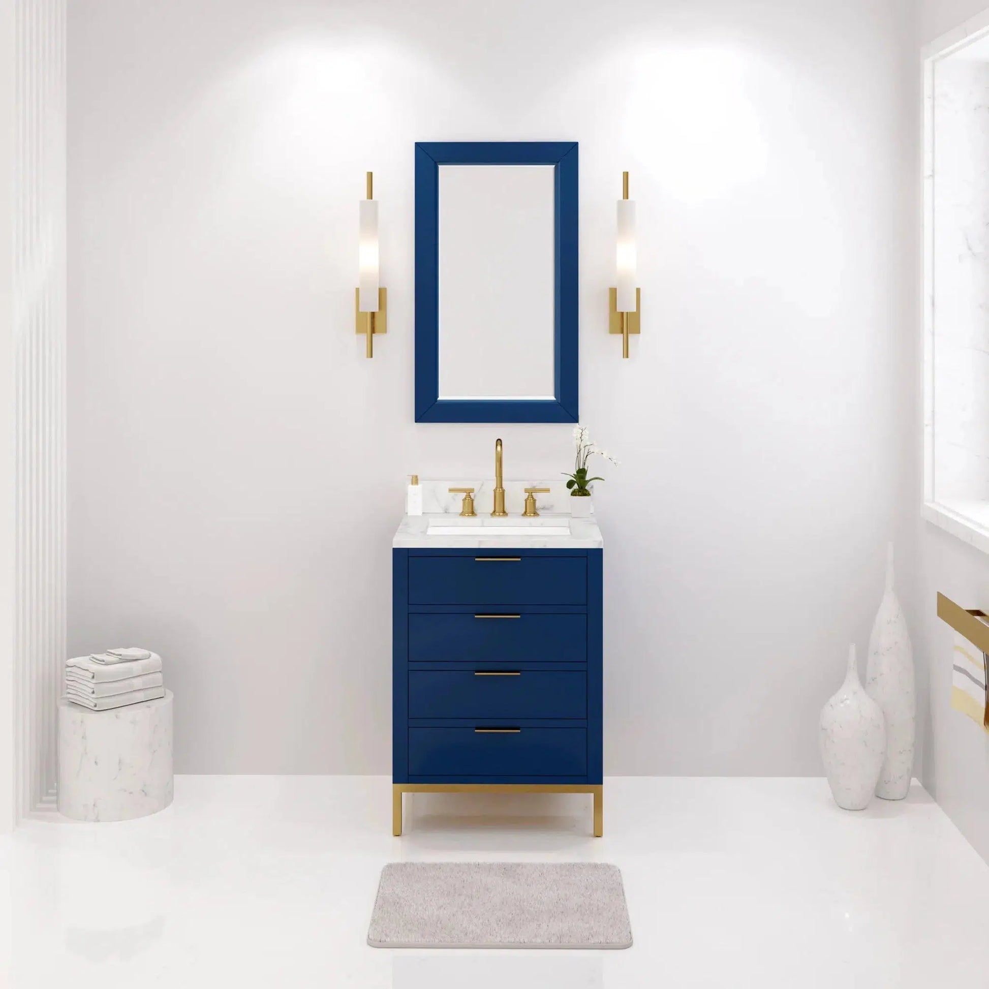 Water Creation Bristol 24'' Single Sink Carrara White Marble Countertop Bath Vanity in Monarch Blue with Satin Gold Gooseneck Faucet