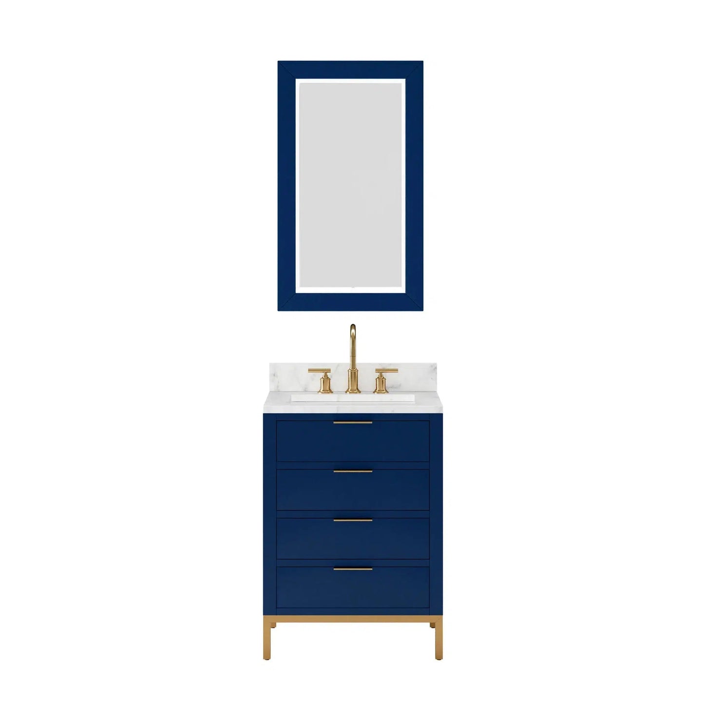 Water Creation Bristol 24" Single Sink Carrara White Marble Countertop Bath Vanity in Monarch Blue with Satin Gold Gooseneck Faucet and Rectangular Mirror (S)
