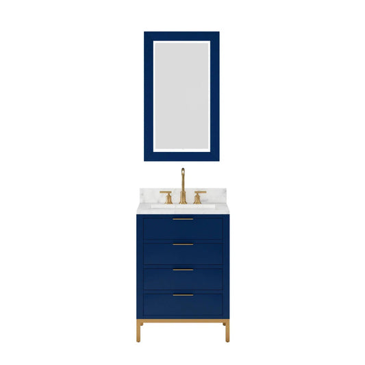 Water Creation Bristol 24" Single Sink Carrara White Marble Countertop Bath Vanity in Monarch Blue with Satin Gold Gooseneck Faucet and Rectangular Mirror (S)