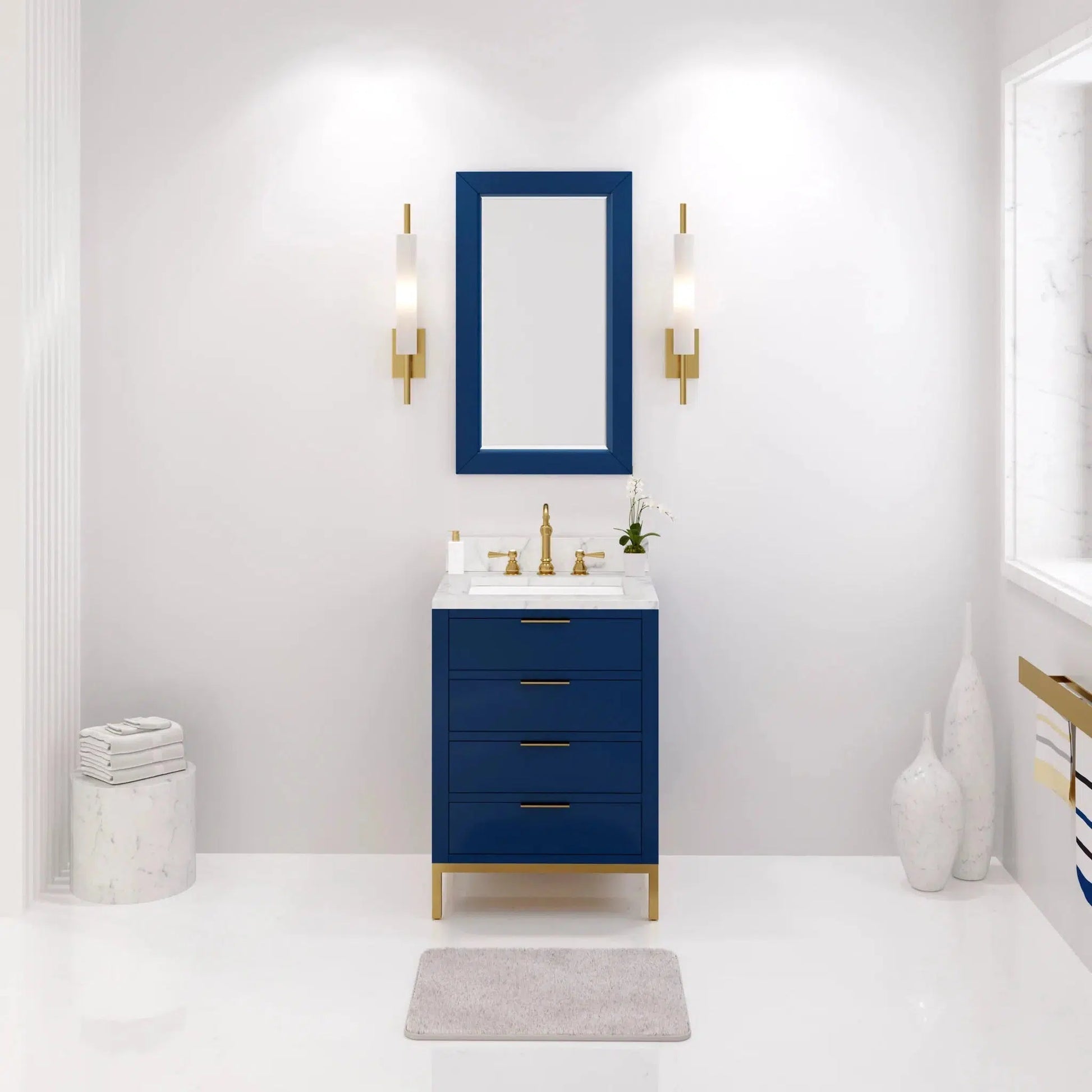 Water Creation Bristol 24" Single Sink Carrara White Marble Countertop Bath Vanity in Monarch Blue with Satin Gold Hook Faucet and Rectangular Mirror (S)