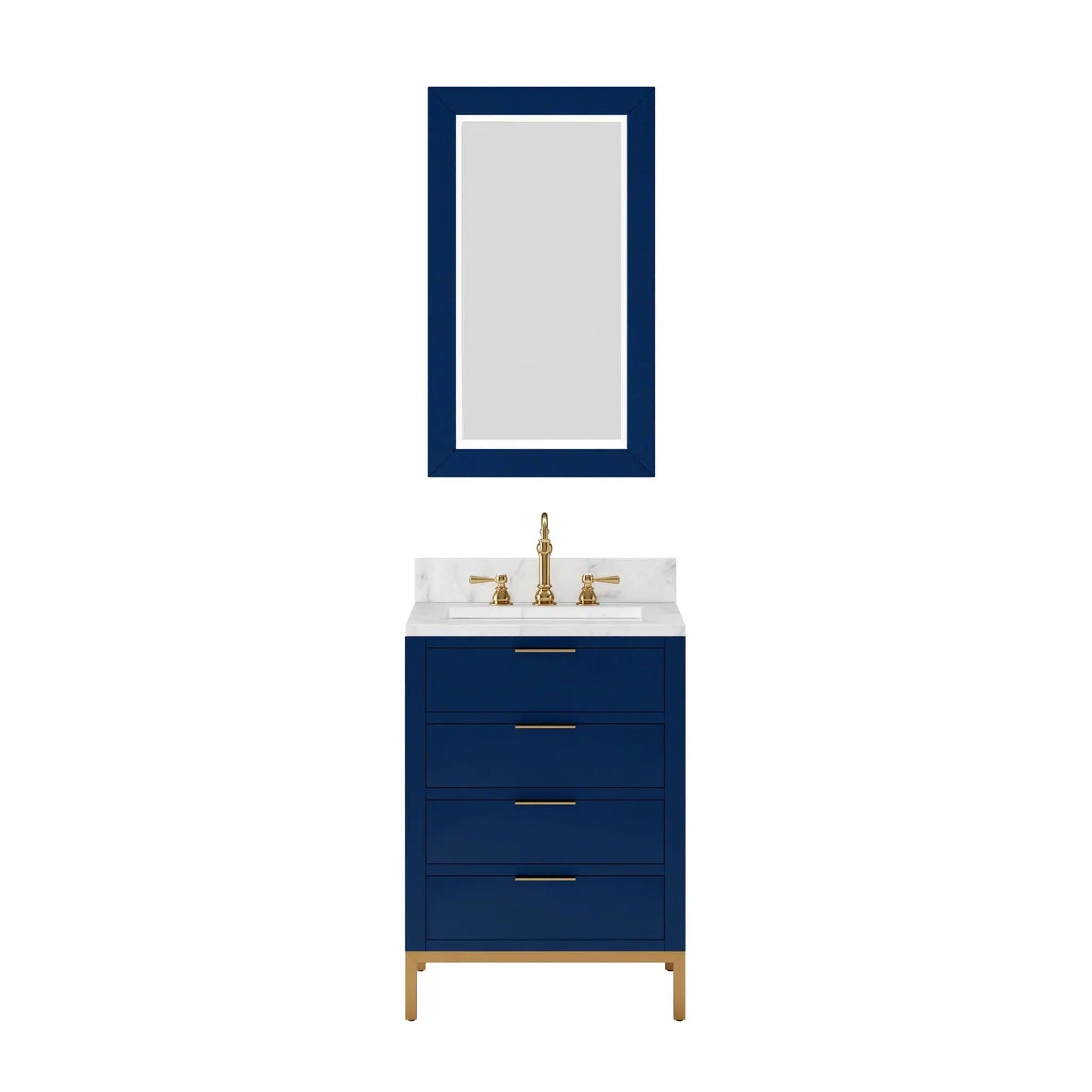 Water Creation Bristol 24" Single Sink Carrara White Marble Countertop Bath Vanity in Monarch Blue with Satin Gold Hook Faucet and Rectangular Mirror (S)