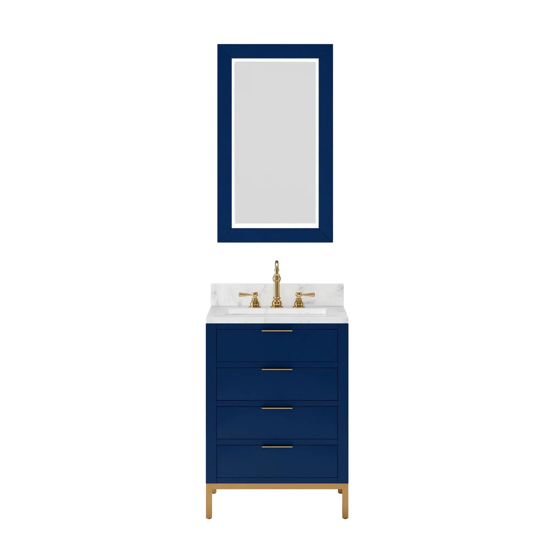 Water Creation Bristol 24" Single Sink Carrara White Marble Countertop Bath Vanity in Monarch Blue with Satin Gold Hook Faucet and Rectangular Mirror (S)