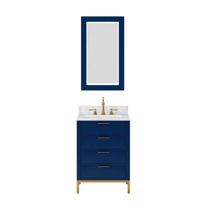 Water Creation Bristol 24" Single Sink Carrara White Marble Countertop Bath Vanity in Monarch Blue with Satin Gold Hook Faucet and Rectangular Mirror (S)