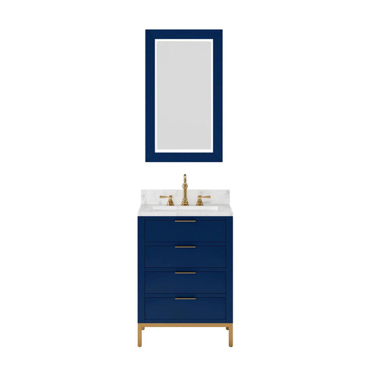 Water Creation Bristol 24" Single Sink Carrara White Marble Countertop Bath Vanity in Monarch Blue with Satin Gold Hook Faucet and Rectangular Mirror (S)