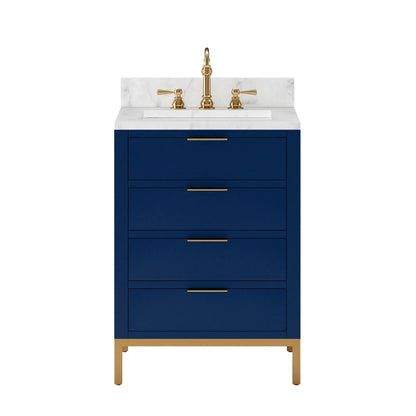 Water Creation Bristol 24'' Single Sink Carrara White Marble Countertop Bath Vanity in Monarch Blue with Satin Gold Hook Faucet