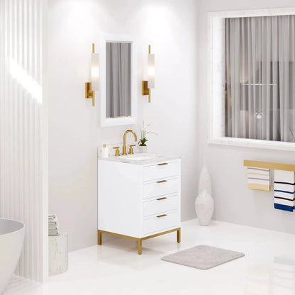 Water Creation Bristol 24'' Single Sink Carrara White Marble Countertop Bath Vanity in Pure White with Satin Gold Gooseneck Faucet and Rectangular Mirror (S)