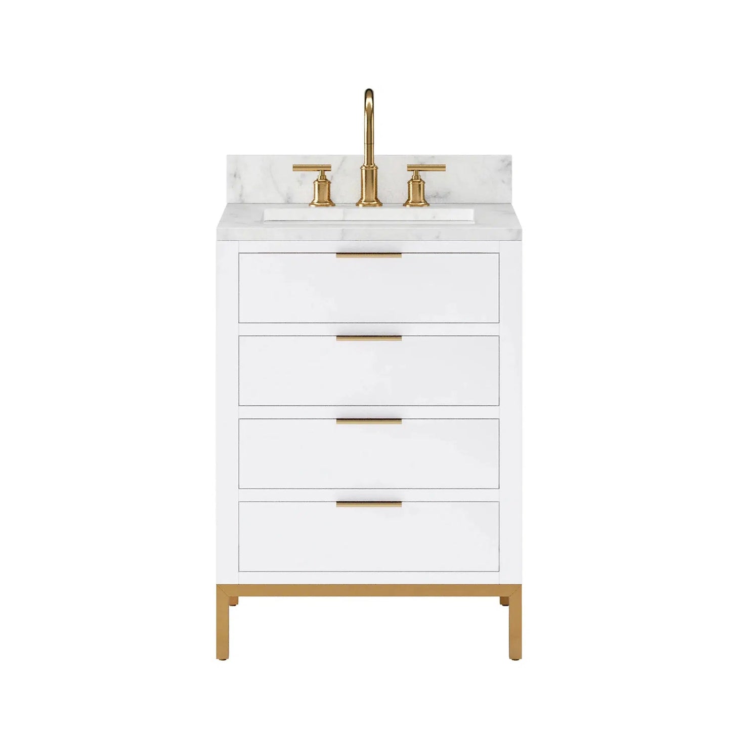Water Creation Bristol 24" Single Sink Carrara White Marble Countertop Bath Vanity in Pure White with Satin Gold Gooseneck Faucet