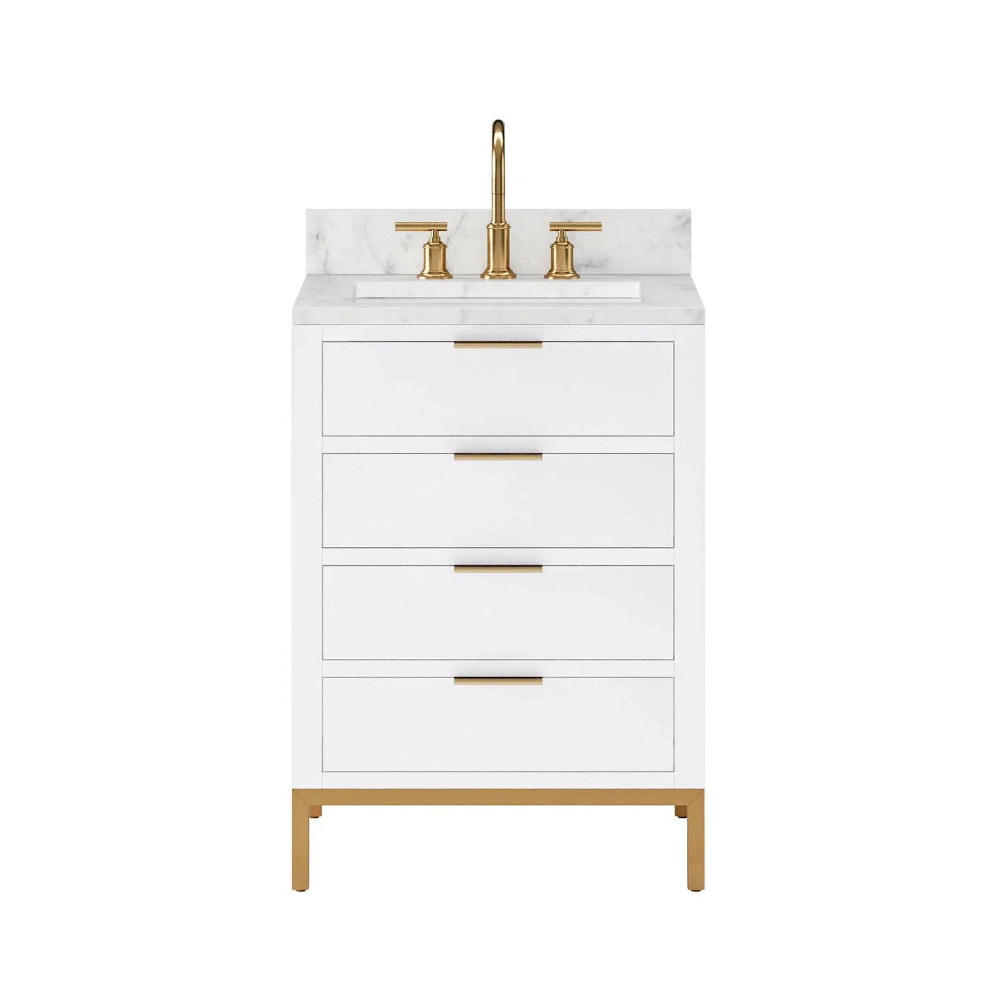 Water Creation Bristol 24" Single Sink Carrara White Marble Countertop Bath Vanity in Pure White with Satin Gold Gooseneck Faucet